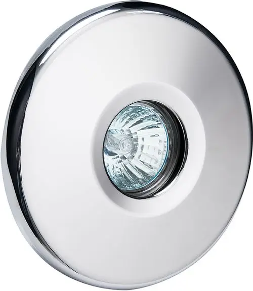 Runder Deckenspot mit glänzender Oberfläche, in der Mitte eine LED-Lampe von Grünbeck. Geeignet zur direkten Beleuchtung in modernen Räumen.